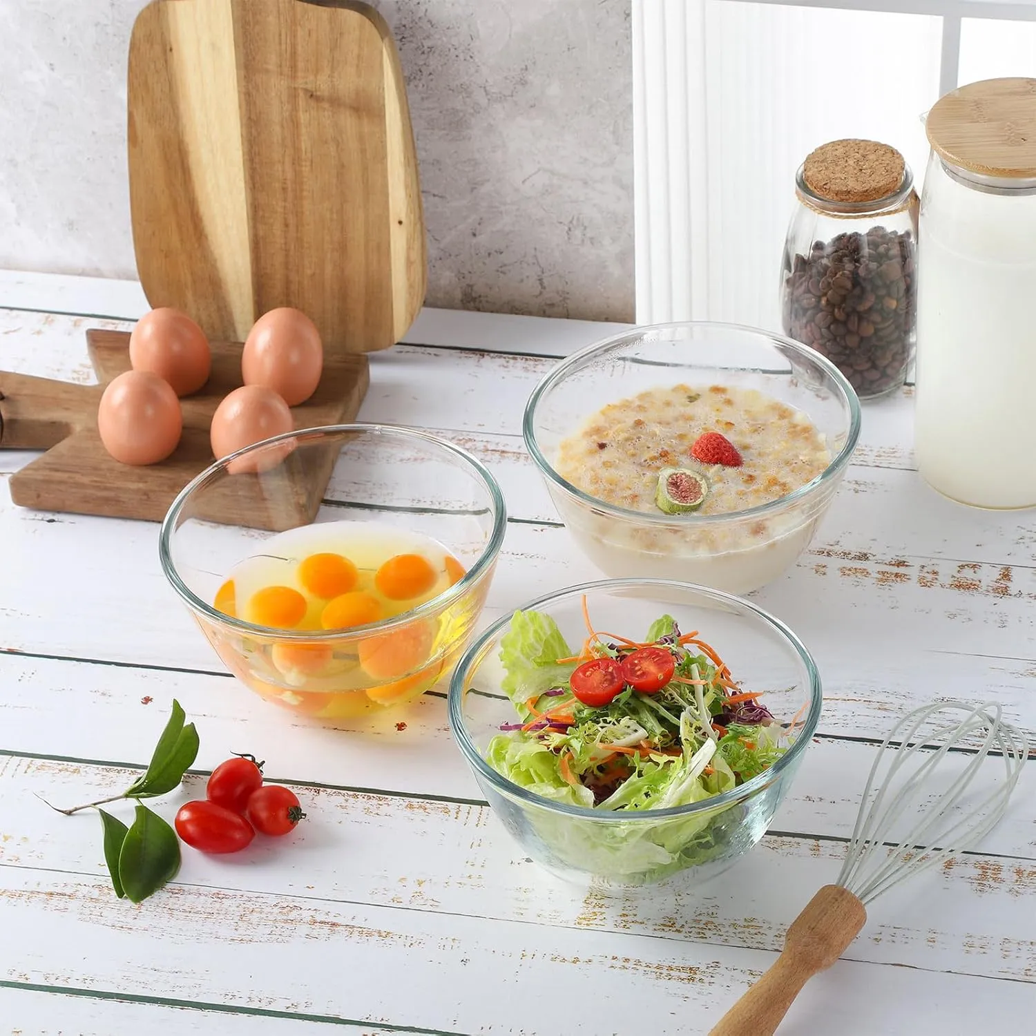 WHJY 3 Pack of 7 Inch Glass Cereal Bowls - Borosilicate Glass Construction, Modern Style, 17.64 Ounces Capacity Each