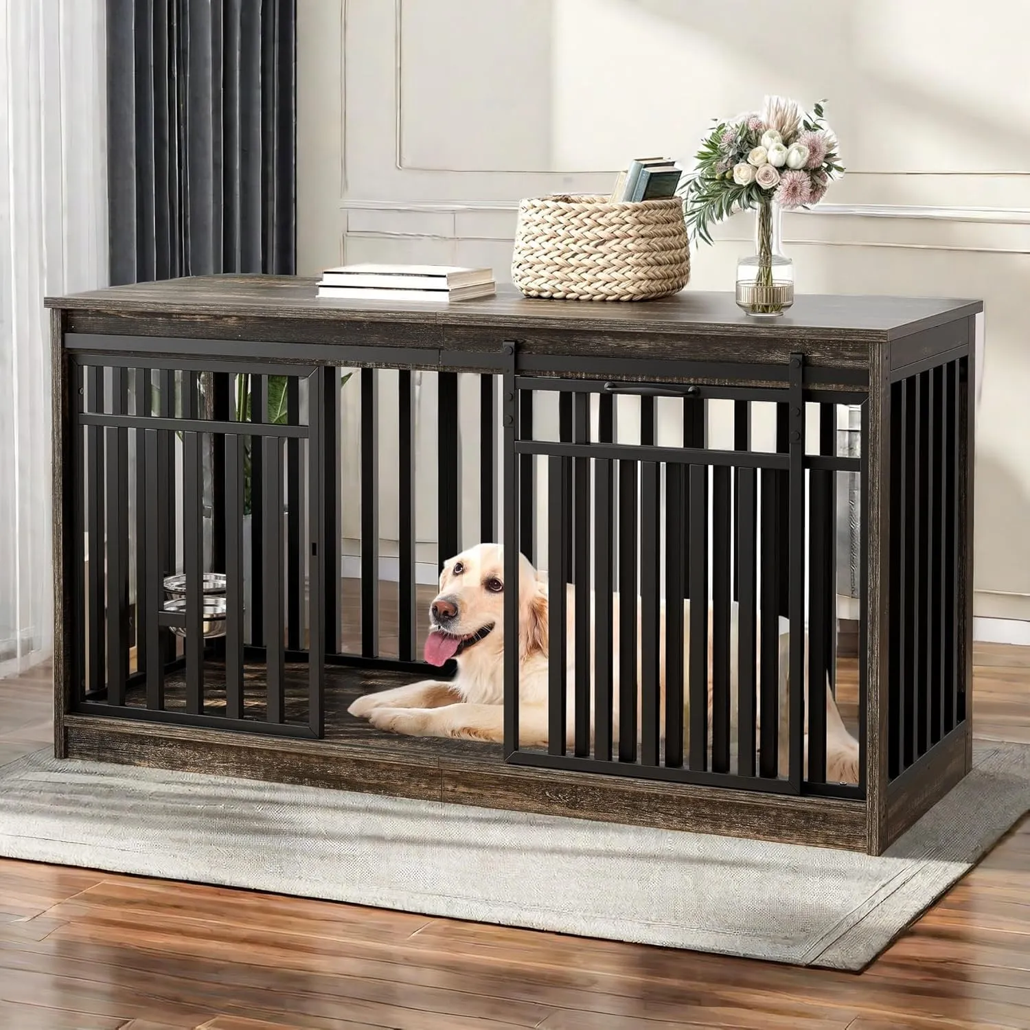 YITAHOME 55 Inch Large Dog Crate Furniture, Heavy Duty Wooden Dog Crate TV Stand with 2 Dog Bowls, Metal Dog Kennel Indoor Furniture Sliding Barn Door Design for Extra Large Dogs, Black Oak