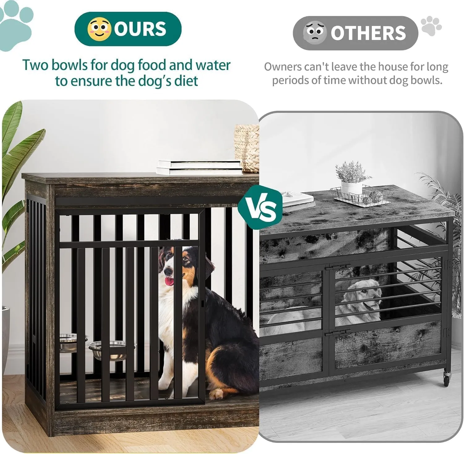 YITAHOME 55 Inch Large Dog Crate Furniture, Heavy Duty Wooden Dog Crate TV Stand with 2 Dog Bowls, Metal Dog Kennel Indoor Furniture Sliding Barn Door Design for Extra Large Dogs, Black Oak