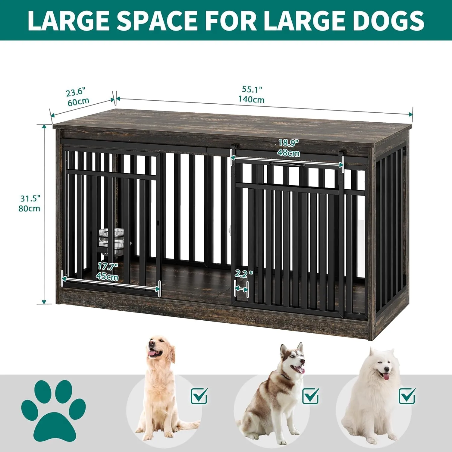 YITAHOME 55 Inch Large Dog Crate Furniture, Heavy Duty Wooden Dog Crate TV Stand with 2 Dog Bowls, Metal Dog Kennel Indoor Furniture Sliding Barn Door Design for Extra Large Dogs, Black Oak