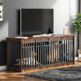 YITAHOME 71 Inch Double Dog Crate Furniture for 2 Dogs, Heavy Duty Wooden Dog Crate TV Stand with 4 Dog Bowls, Dog Kennel Indoor Furniture Sliding Barn Door Design for Extra Large Dogs, Rustic Brown