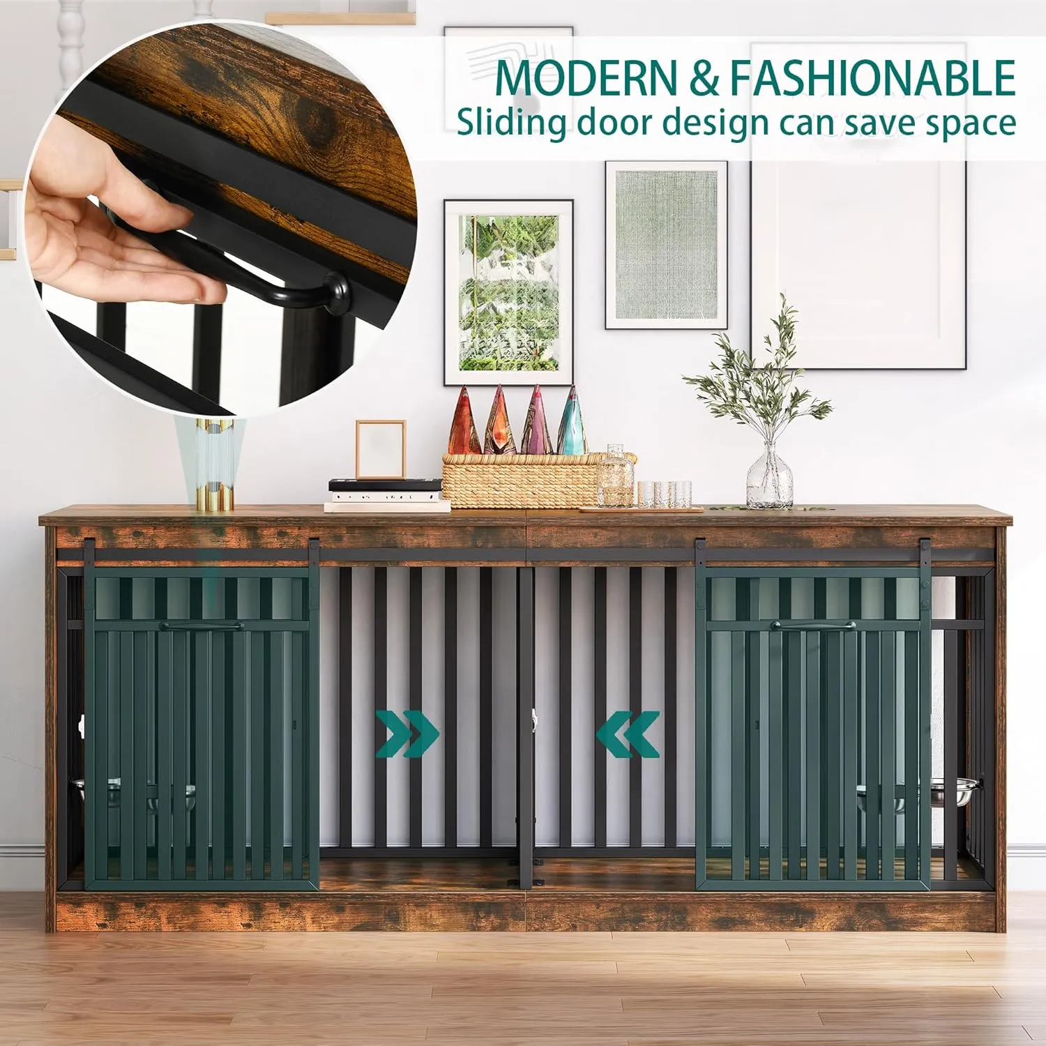 YITAHOME 71 Inch Double Dog Crate Furniture for 2 Dogs, Heavy Duty Wooden Dog Crate TV Stand with 4 Dog Bowls, Dog Kennel Indoor Furniture Sliding Barn Door Design for Extra Large Dogs, Rustic Brown