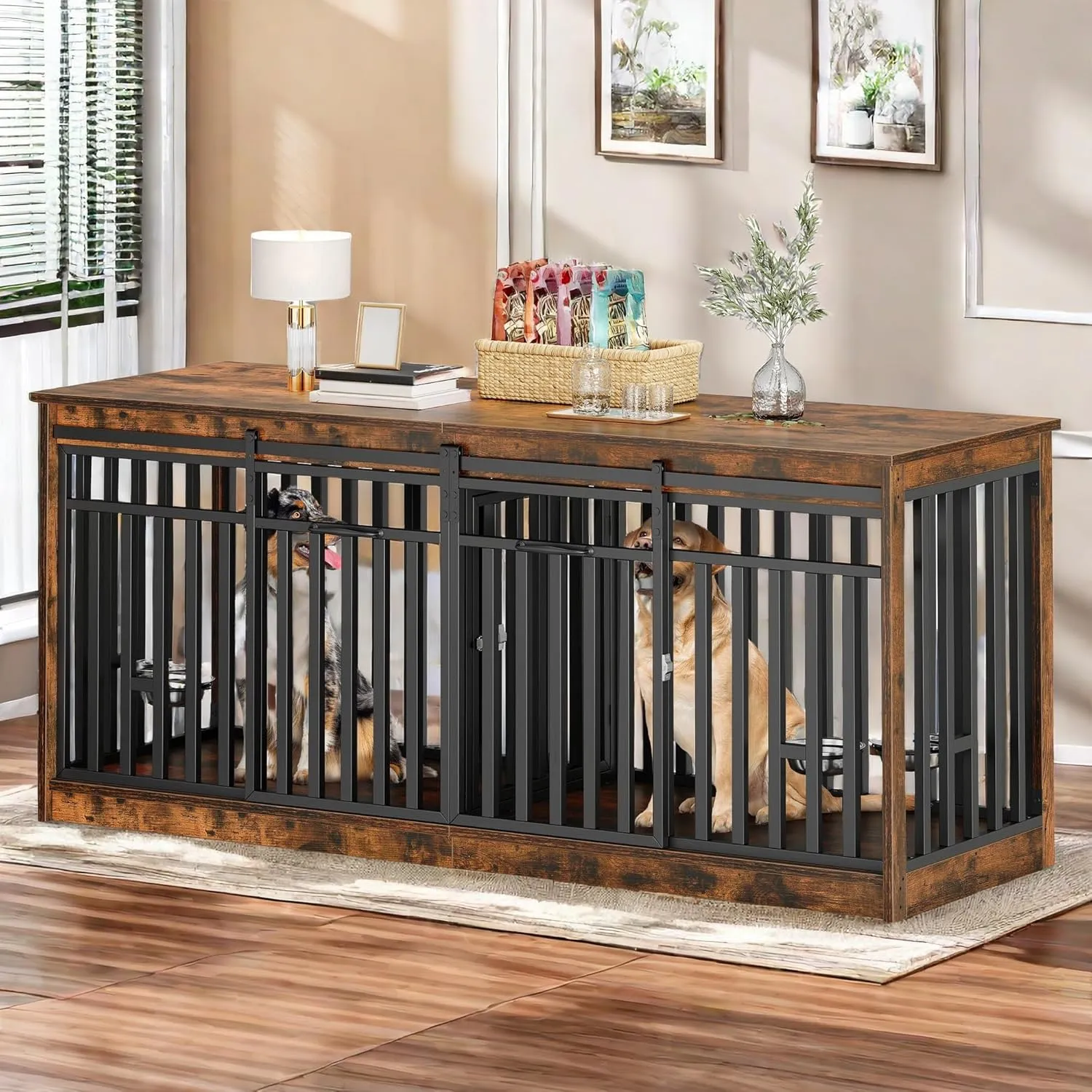 YITAHOME 71 Inch Double Dog Crate Furniture for 2 Dogs, Heavy Duty Wooden Dog Crate TV Stand with 4 Dog Bowls, Dog Kennel Indoor Furniture Sliding Barn Door Design for Extra Large Dogs, Rustic Brown