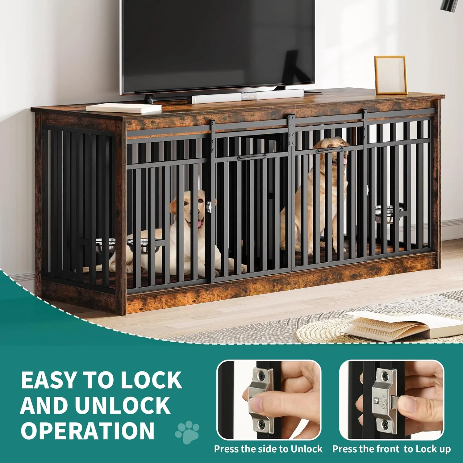 YITAHOME 71 Inch Double Dog Crate Furniture for 2 Dogs, Heavy Duty Wooden Dog Crate TV Stand with 4 Dog Bowls, Dog Kennel Indoor Furniture Sliding Barn Door Design for Extra Large Dogs, Rustic Brown